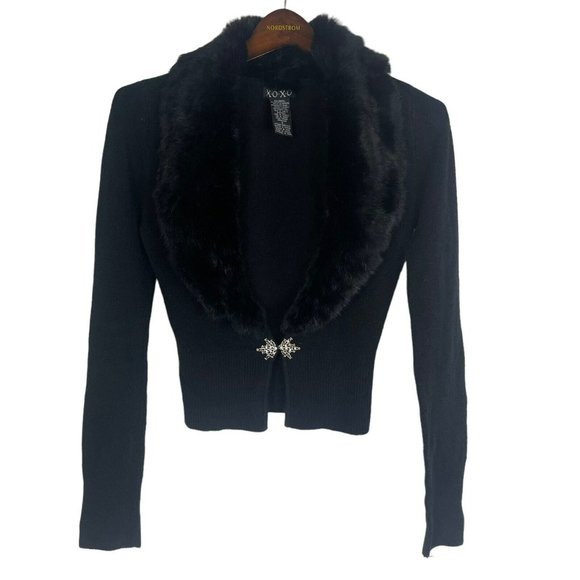 VTG Women Black 100% Rabbit Fur Cardigan Size S Knit Sweater Jeweled XOXO Real - Picture 2 of 6